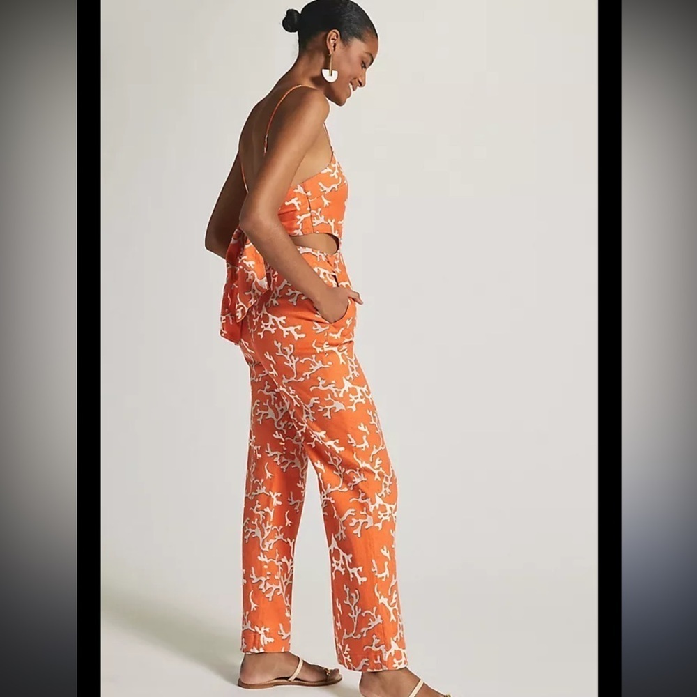 Maeve Anthropologie Orange and White Coral Patterned Jumpsuit Size 4 - Picture 3 of 11